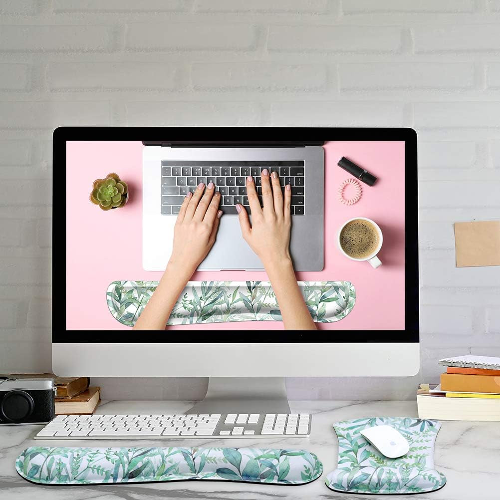 Ergonomic Mouse Pad with Wrist Rest Support and Keyboard Wrist Rest Pad Set, Cute Wrist Pad with Non-Slip Rubber Base and Raised Memory Foam, Easy Typing & Pain Relief, Green Plants