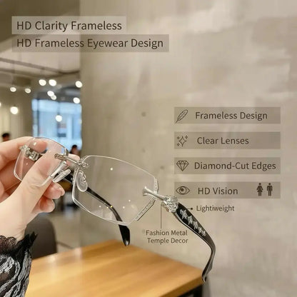 Eunoialens Rimless High Quality Eyewear, Frameless HD Vision Glasses with Clear Lenses, Diamond-Cut Edges, Stainless Steel Fashion Temple Decor, Lightweight Unisex Adults' Accessories for Computer, Daily Use, Mens Gifts