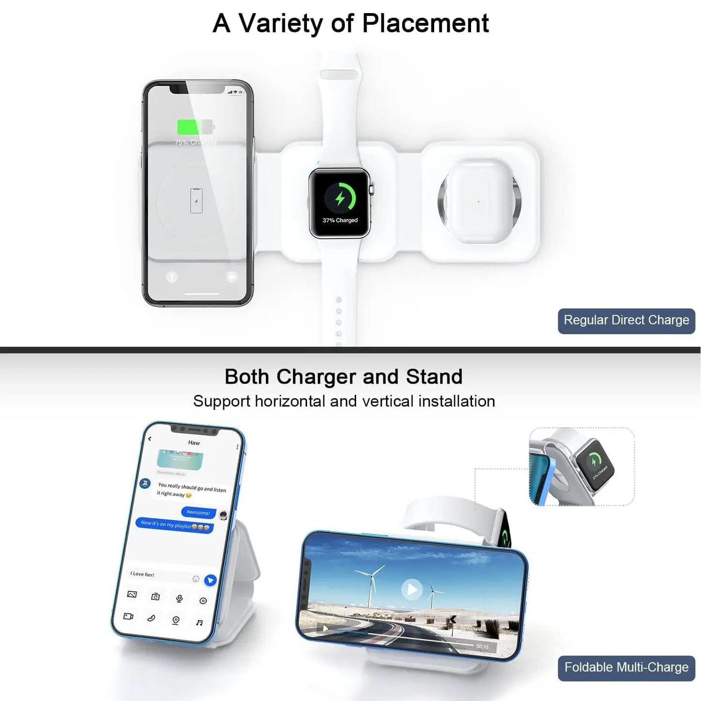 Awwpicks UCOMX 3 in 1 Wireless Charging Station for Iphone, Foldable Travel Cellphone Charger for Iphone Airpods Iwatch Smartphone Christmas Gifts