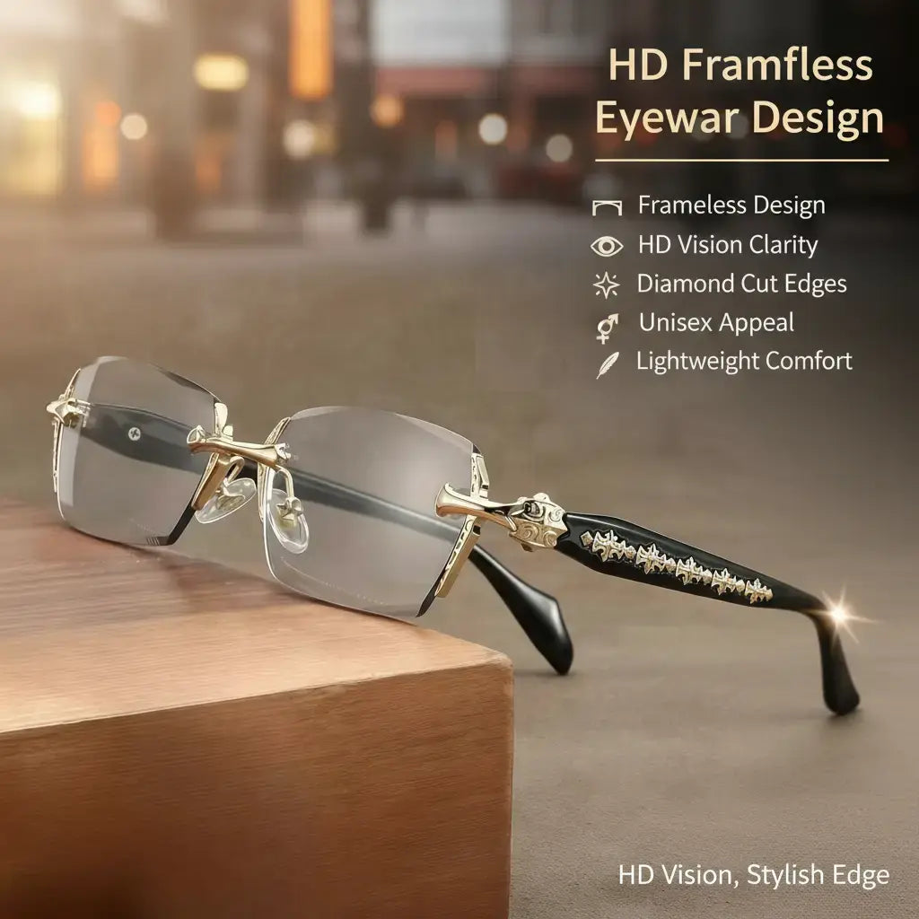 Eunoialens Rimless High Quality Eyewear, Frameless HD Vision Glasses with Clear Lenses, Diamond-Cut Edges, Stainless Steel Fashion Temple Decor, Lightweight Unisex Adults' Accessories for Computer, Daily Use, Mens Gifts