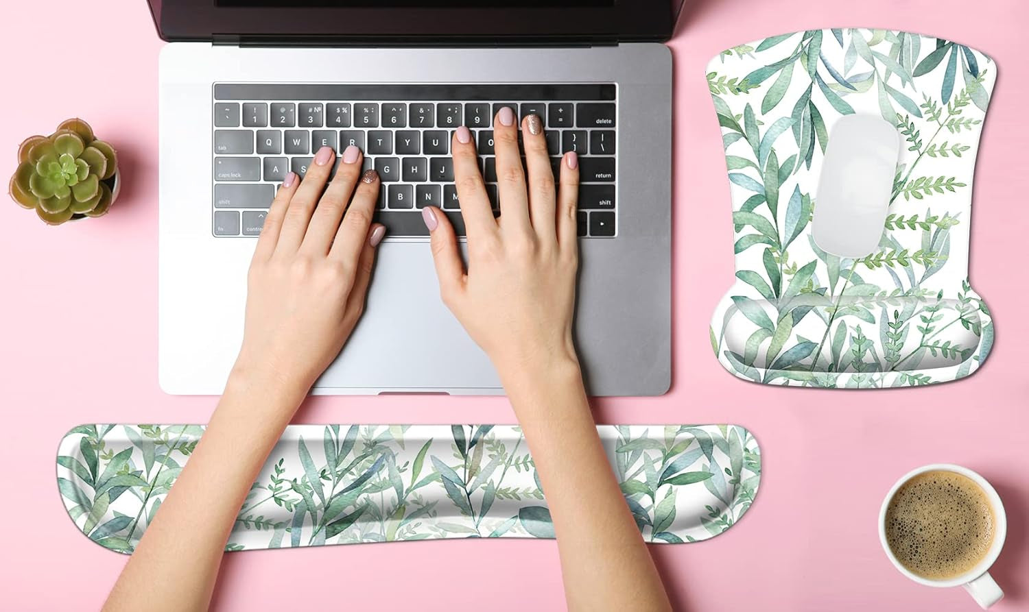 Ergonomic Mouse Pad with Wrist Rest Support and Keyboard Wrist Rest Pad Set,  Cute Wrist Pad with Non-Slip Rubber Base and Raised Memory Foam, Easy Typing & Pain Relief, Green Plants