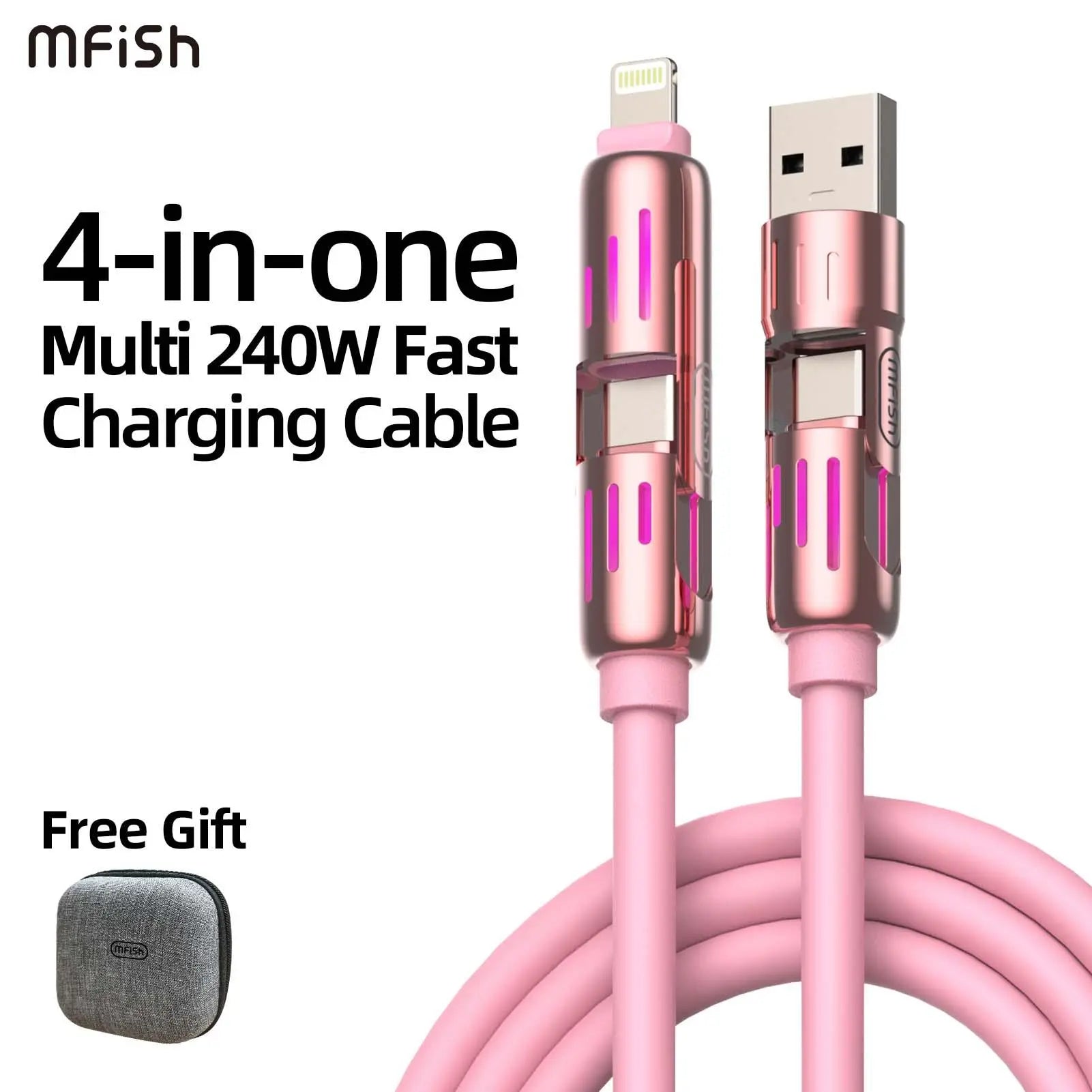 Mfish Armored Dragon I 4-In-1 Multi 240W Fast Charging Super Liquid Silicone Cable with USB a Type C Lightning for Iphone17&Samsung Laptops Charger
