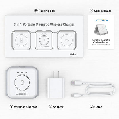 Awwpicks UCOMX 3 in 1 Wireless Charging Station for Iphone, Foldable Travel Cellphone Charger for Iphone Airpods Iwatch Smartphone Christmas Gifts