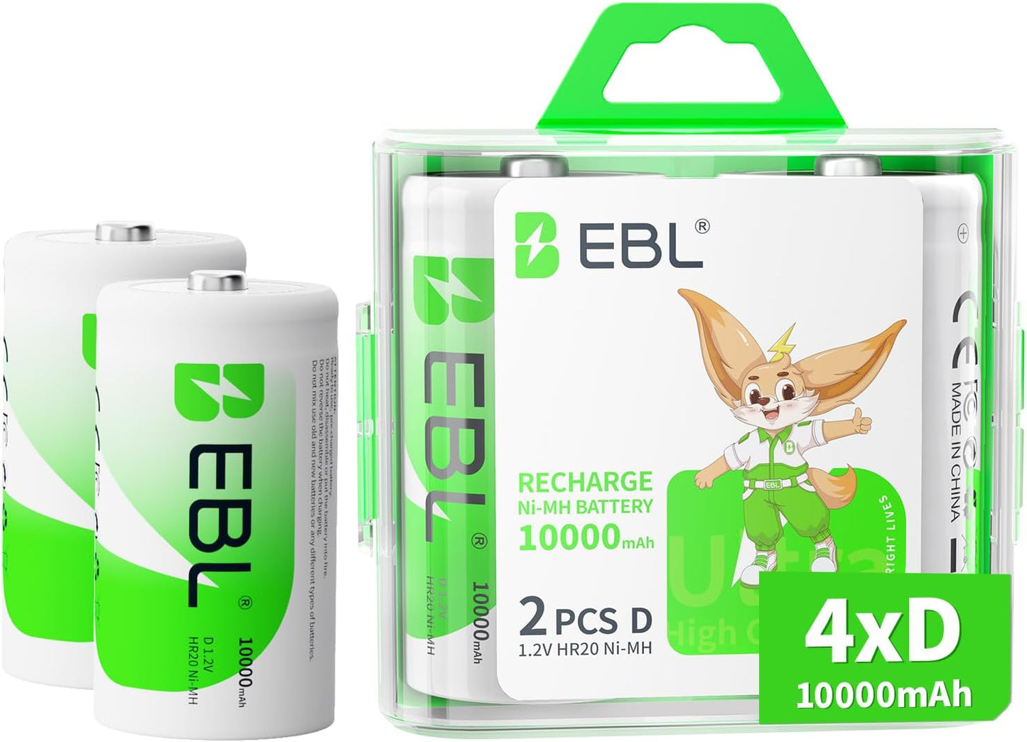 D Cell Batteries 10,000Mah Ultra Pro Ni-Mh Rechargeable D Batteries, 4-Pack