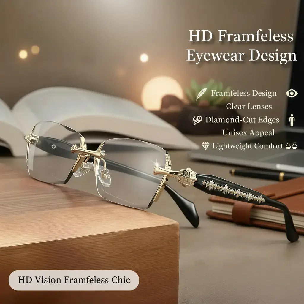 Eunoialens Rimless High Quality Eyewear, Frameless HD Vision Glasses with Clear Lenses, Diamond-Cut Edges, Stainless Steel Fashion Temple Decor, Lightweight Unisex Adults' Accessories for Computer, Daily Use, Mens Gifts