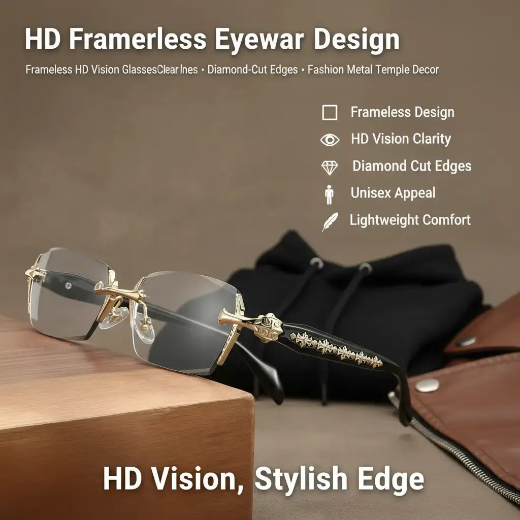 Eunoialens Rimless High Quality Eyewear, Frameless HD Vision Glasses with Clear Lenses, Diamond-Cut Edges, Stainless Steel Fashion Temple Decor, Lightweight Unisex Adults' Accessories for Computer, Daily Use, Mens Gifts