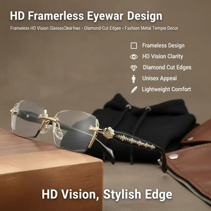 Eunoialens Rimless High Quality Eyewear, Frameless HD Vision Glasses with Clear Lenses, Diamond-Cut Edges, Stainless Steel Fashion Temple Decor, Lightweight Unisex Adults' Accessories for Computer, Daily Use, Mens Gifts