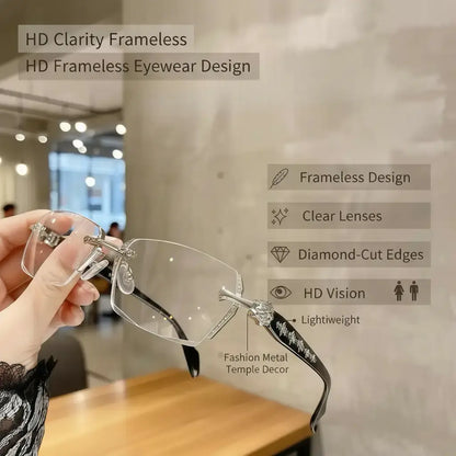 Eunoialens Rimless High Quality Eyewear, Frameless HD Vision Glasses with Clear Lenses, Diamond-Cut Edges, Stainless Steel Fashion Temple Decor, Lightweight Unisex Adults' Accessories for Computer, Daily Use, Mens Gifts