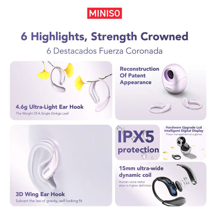 MINISO MS206 Wireless Translator BT V6.0 Earphones with APP Support 134 Languages, Earbuds with Microphone, Earhook, Sweatproof, Fast Charging, 48 Hours Playing Time, Compatible with IOS and Android, Black, Purple
