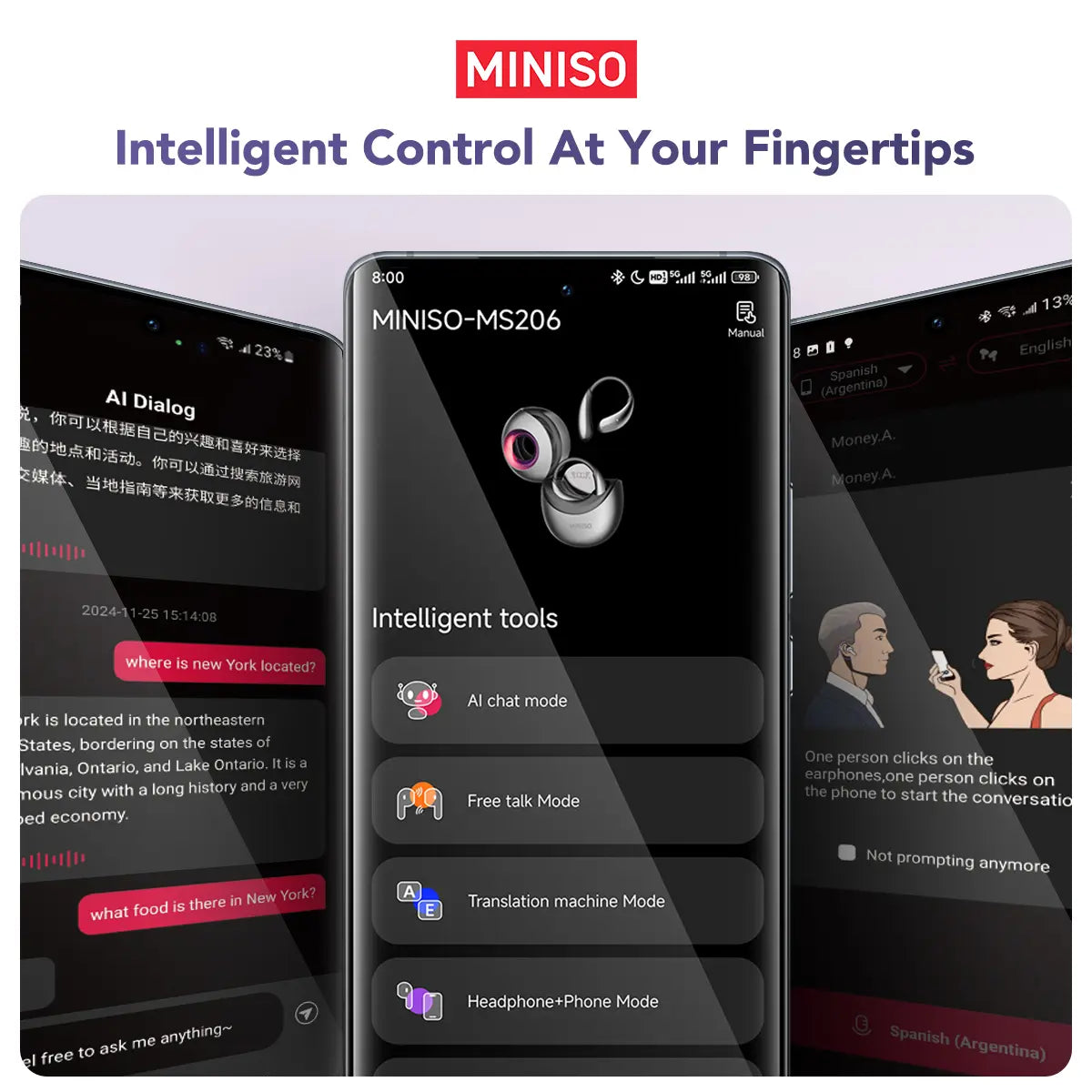 MINISO MS206 Wireless Translator BT V6.0 Earphones with APP Support 134 Languages, Earbuds with Microphone, Earhook, Sweatproof, Fast Charging, 48 Hours Playing Time, Compatible with IOS and Android, Black, Purple